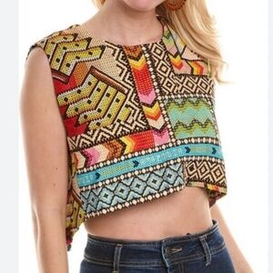 Farm Rio Colorful Geometric Patterned Linen Crop Top Size Small Boho Trendy